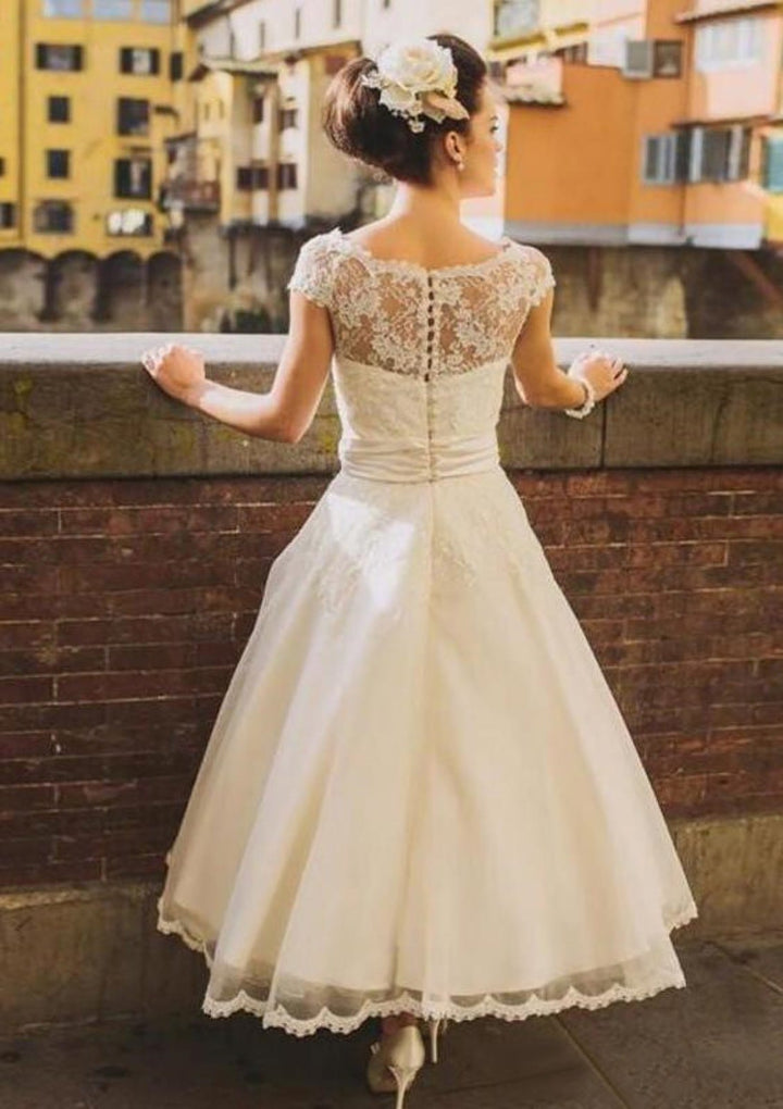 midi bridal dresses A-line Bateau Cap Sleeve Lace Tulle Midi Wedding Dresses, Flower