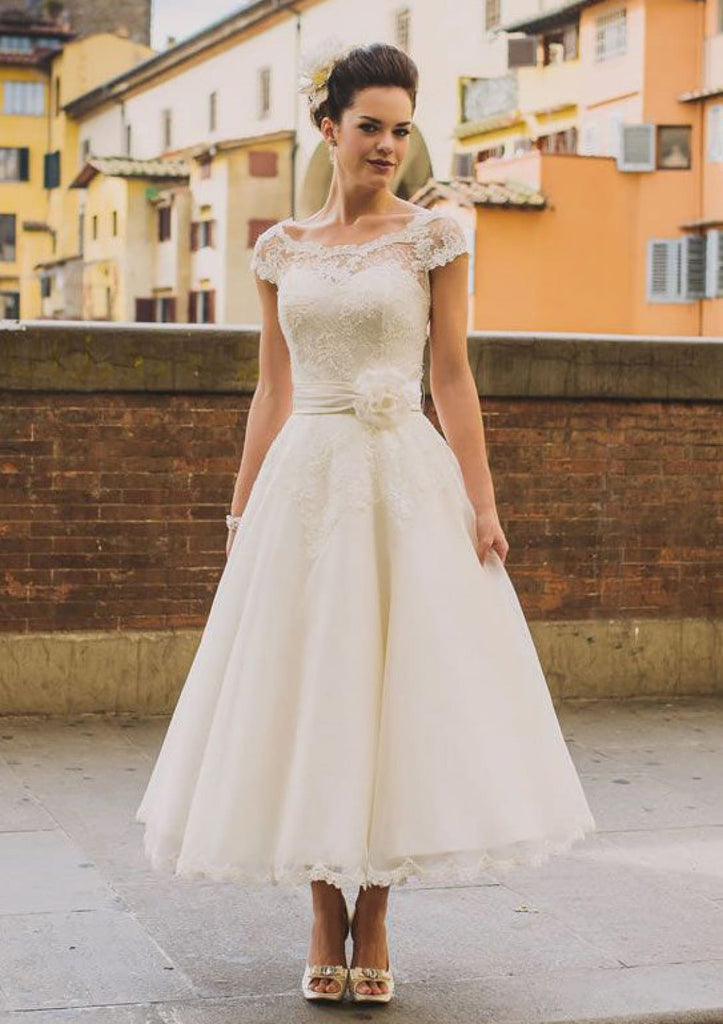 A-line Bateau Cap Sleeve Lace Tulle Midi Wedding Dresses, Flower | Misdress A-line Bateau Cap Sleeve Lace Tulle Midi Wedding Dresses, Flower | Misdress