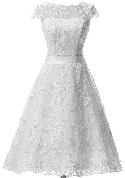 A-line Bateau Cap Sleeve Tea-Length Lace Wedding Dress Sash 