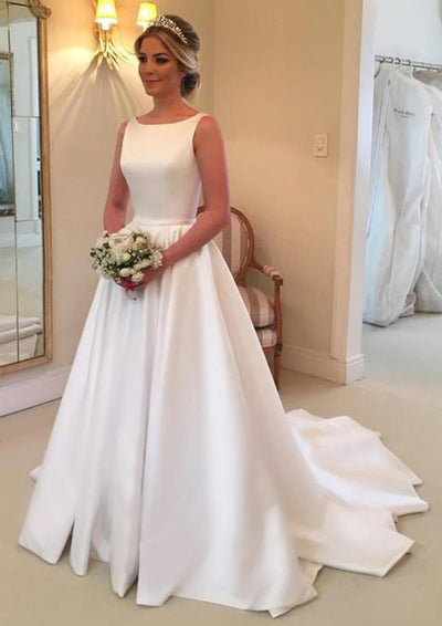 A-line Bateau Sleeveless V Back Court Satin Bridal Wedding 