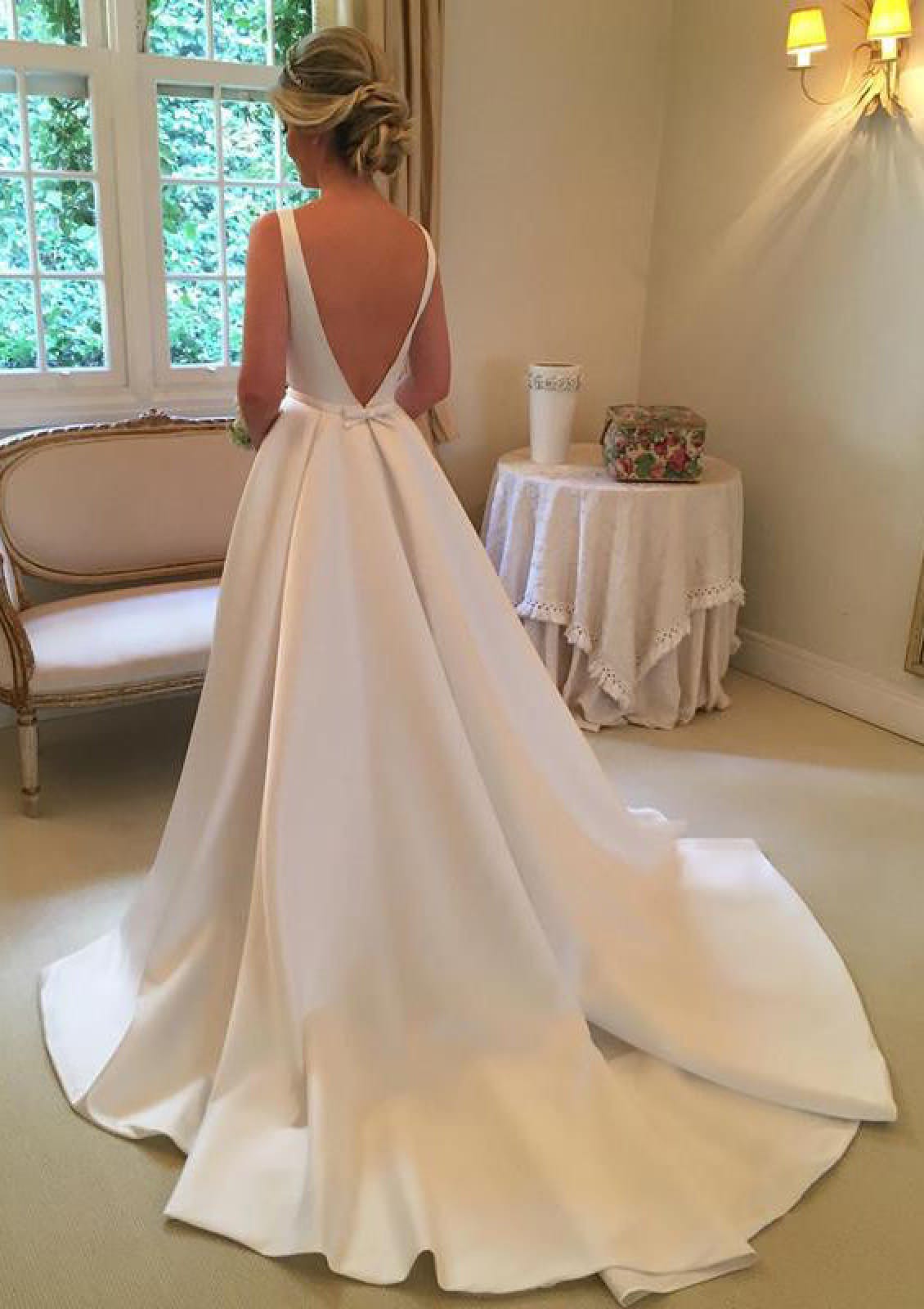 A-line Bateau Sleeveless V Back Court Satin Bridal Wedding 