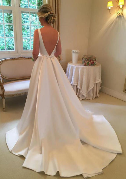 A-line Bateau Sleeveless V Back Court Satin Bridal Wedding 
