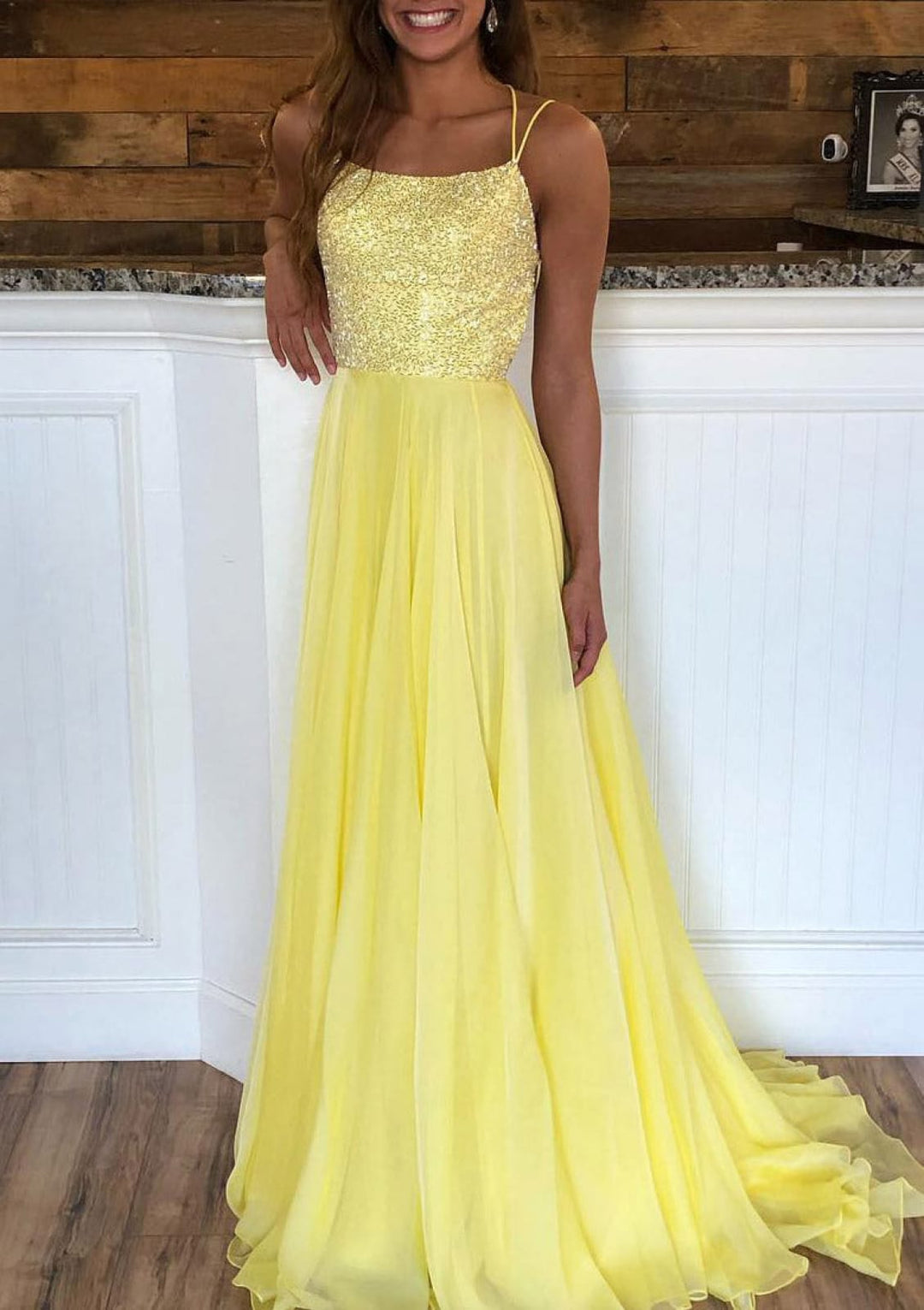A-line Bateau Strap Sweep Train Crisscross Back Chiffon Prom Dress, Sequins
