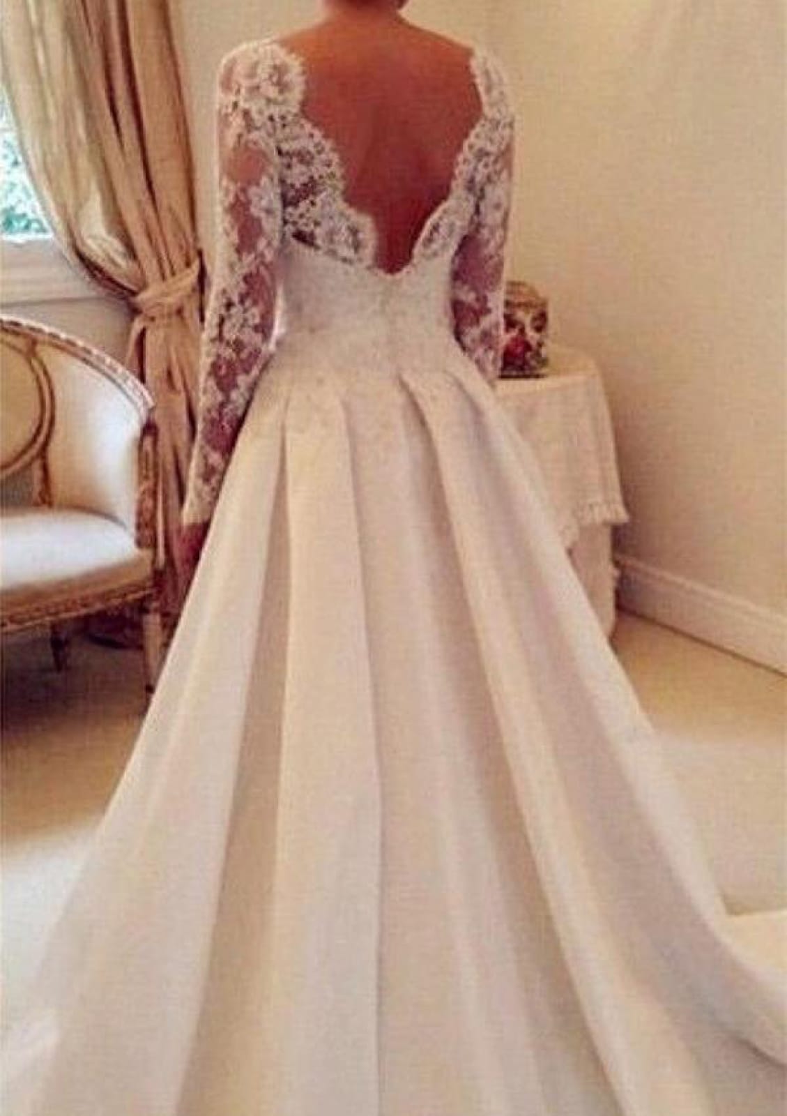 A-line Batuea Lace Long Sleeve V Back Chapel Satin Wedding 