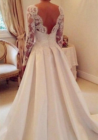 A-line Batuea Lace Long Sleeve V Back Chapel Satin Wedding 