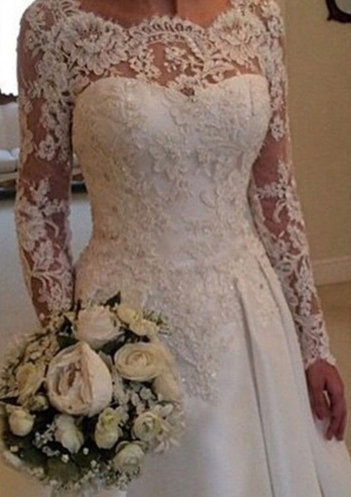 A-line Batuea Lace Long Sleeve V Back Chapel Satin Wedding 