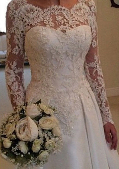 A-line Batuea Lace Long Sleeve V Back Chapel Satin Wedding 