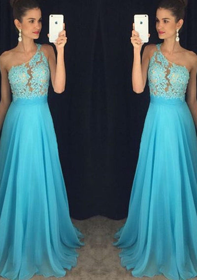 A-line Beaded Lace One Shoulder Sleeveless Blue Chiffon Prom