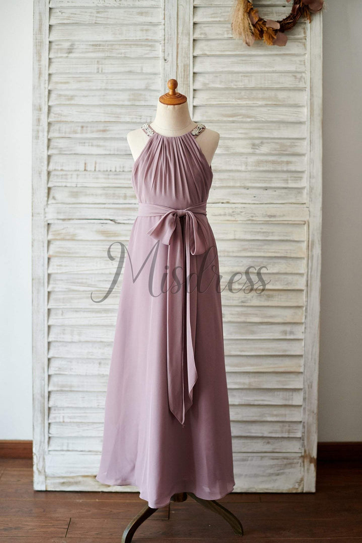 Beaded Mauve Chiffon Wedding Junior Bridesmaid Dress in Floor Length - Flower Girl Dresses