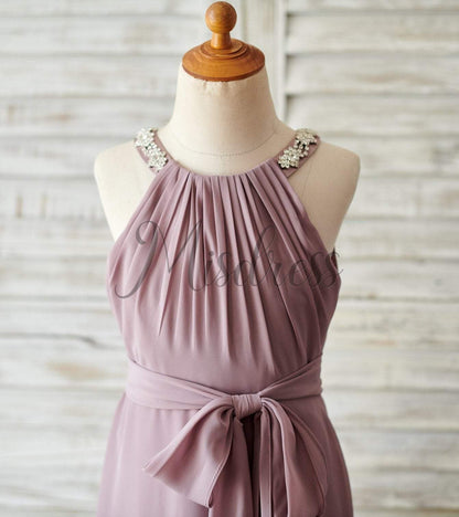 Beaded Mauve Chiffon Wedding Junior Bridesmaid Dress in Floor Length - Flower Girl Dresses
