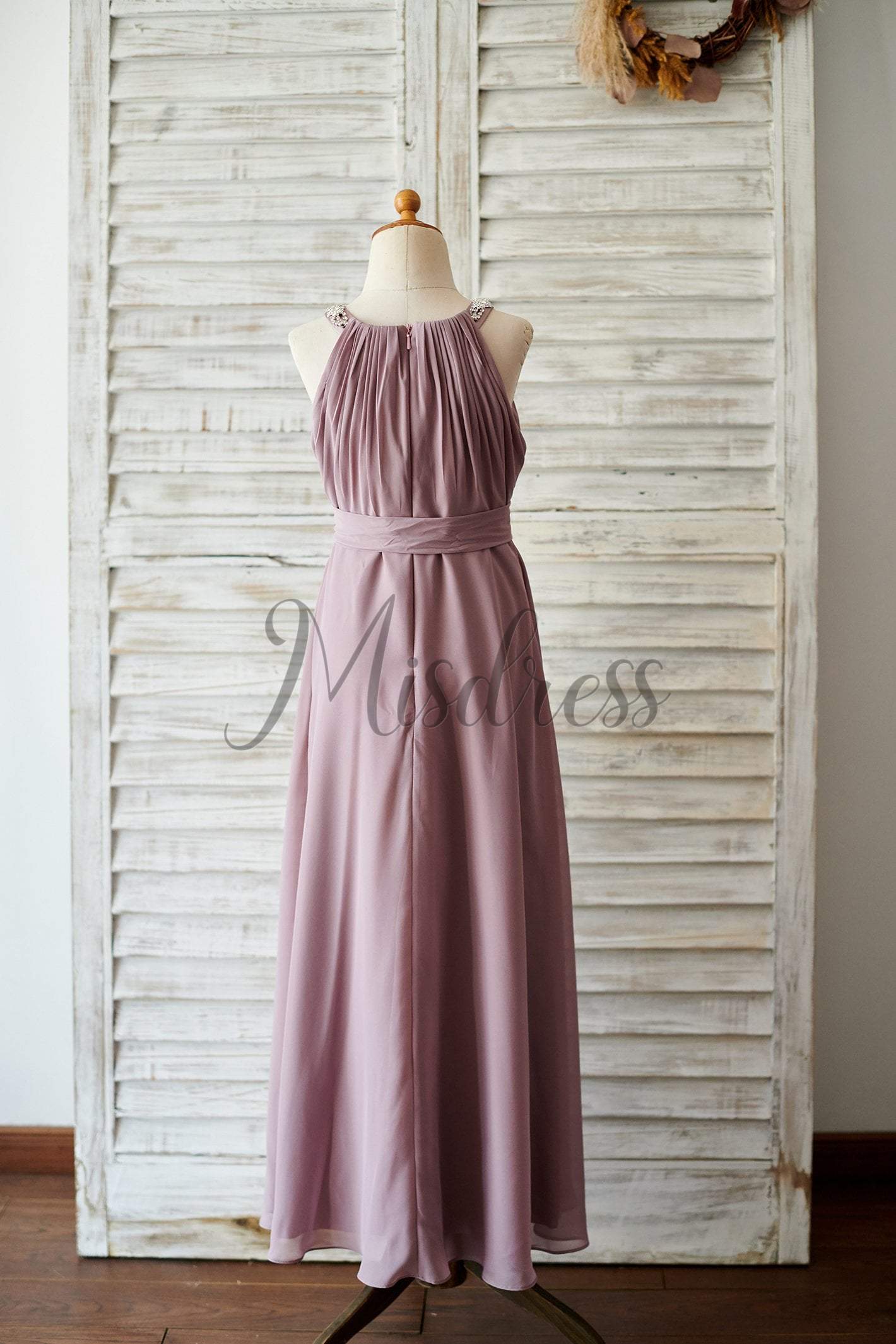 Beaded Mauve Chiffon Wedding Junior Bridesmaid Dress in Floor Length - Flower Girl Dresses