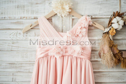 Blush Pink Tulle V Neck Wedding Flower Girl Dress with Flowers - Flower Girl Dresses