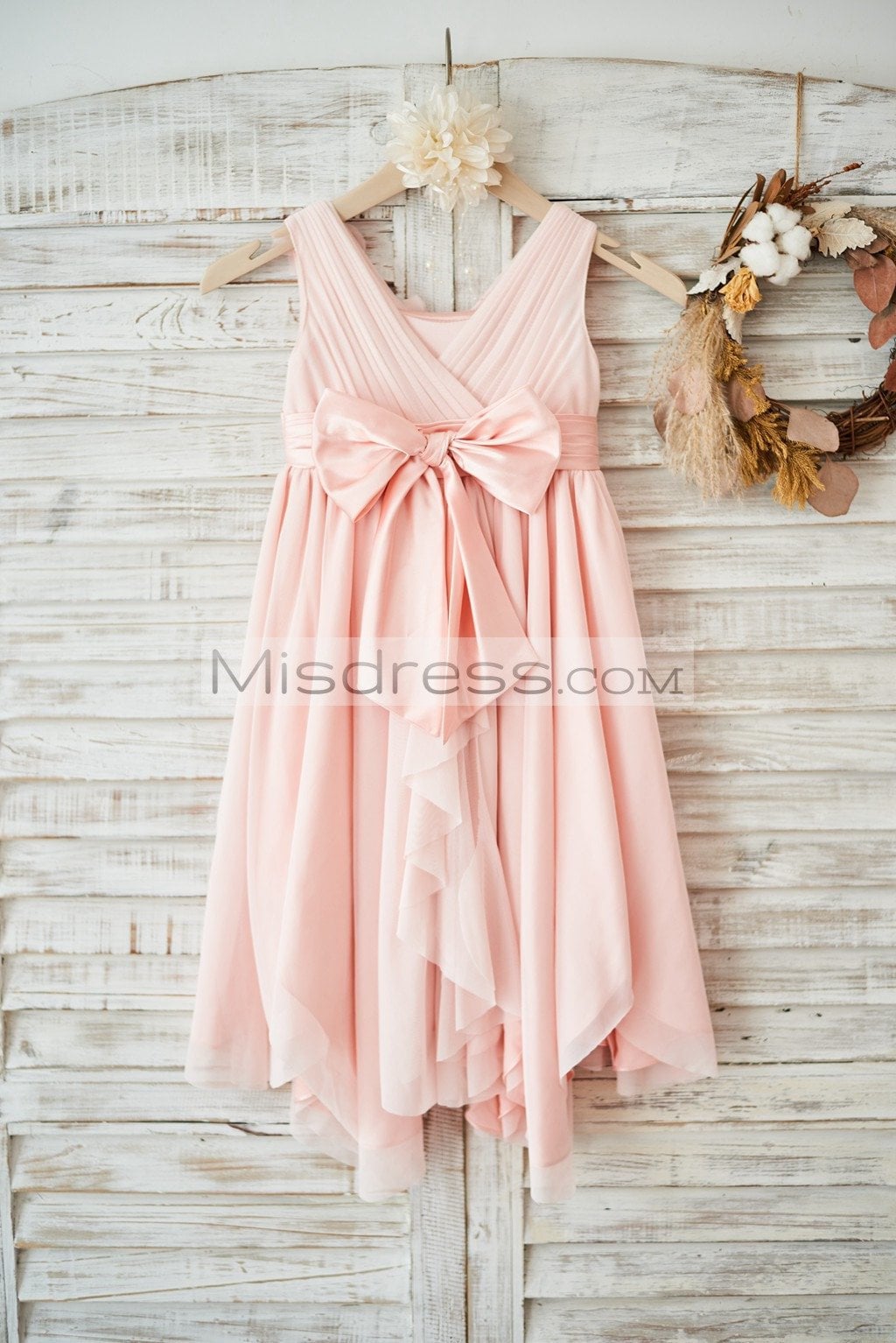 Blush Pink Tulle V Neck Wedding Flower Girl Dress with Flowers - Flower Girl Dresses