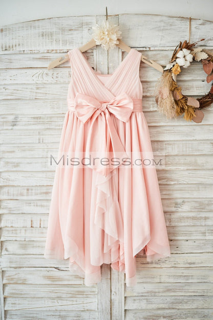 Blush Pink Tulle V Neck Wedding Flower Girl Dress with Flowers - Flower Girl Dresses