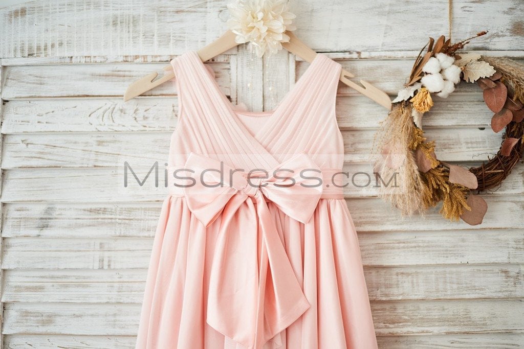 Blush Pink Tulle V Neck Wedding Flower Girl Dress with Flowers - Flower Girl Dresses