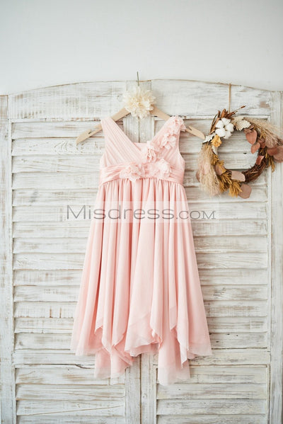 Blush Pink Tulle V Neck Wedding Flower Girl Dress with Flowers - Flower Girl Dresses