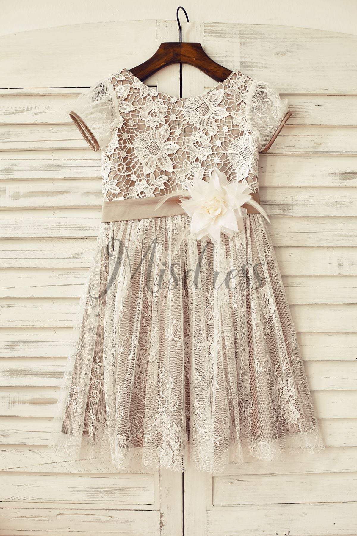 Brown Satin Ivory Lace Cap Sleeve Flower Girl Dress - Flower Girl Dresses