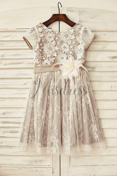 Brown Satin Ivory Lace Cap Sleeve Flower Girl Dress - Flower Girl Dresses