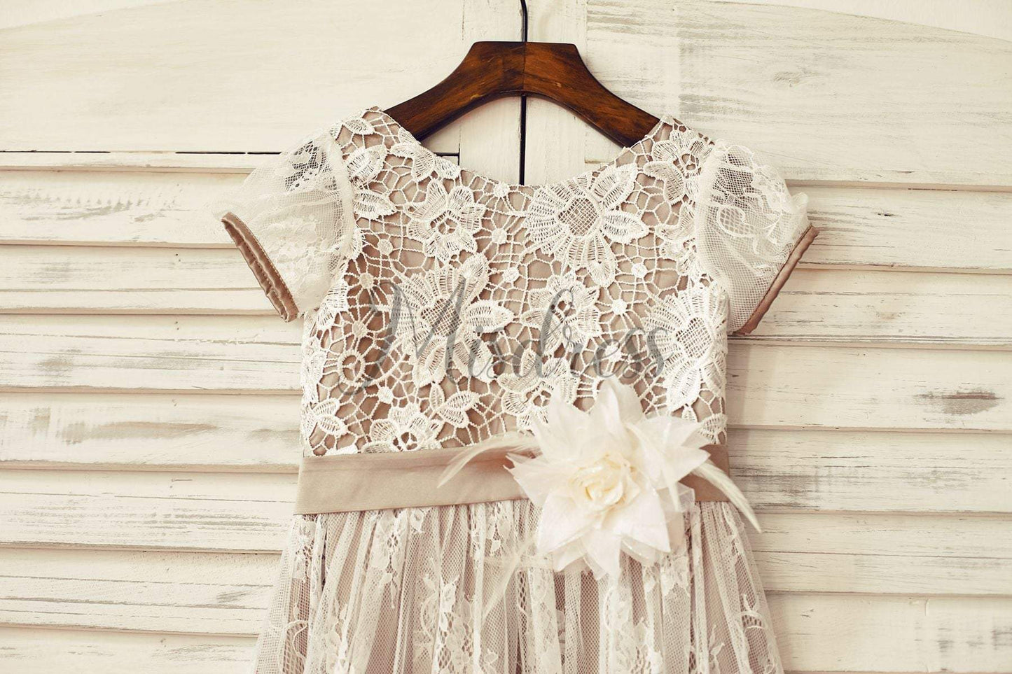 Brown Satin Ivory Lace Cap Sleeve Flower Girl Dress - Flower Girl Dresses