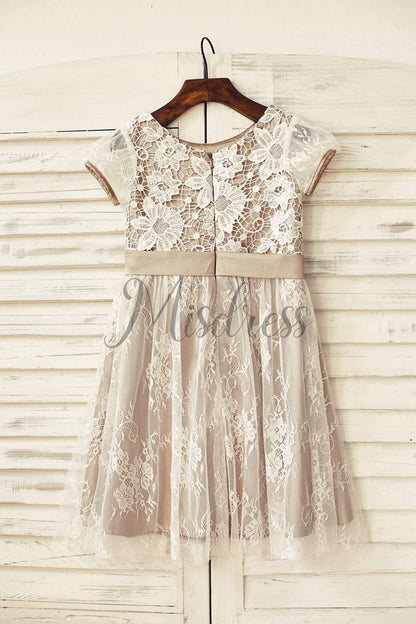 Brown Satin Ivory Lace Cap Sleeve Flower Girl Dress - Flower Girl Dresses