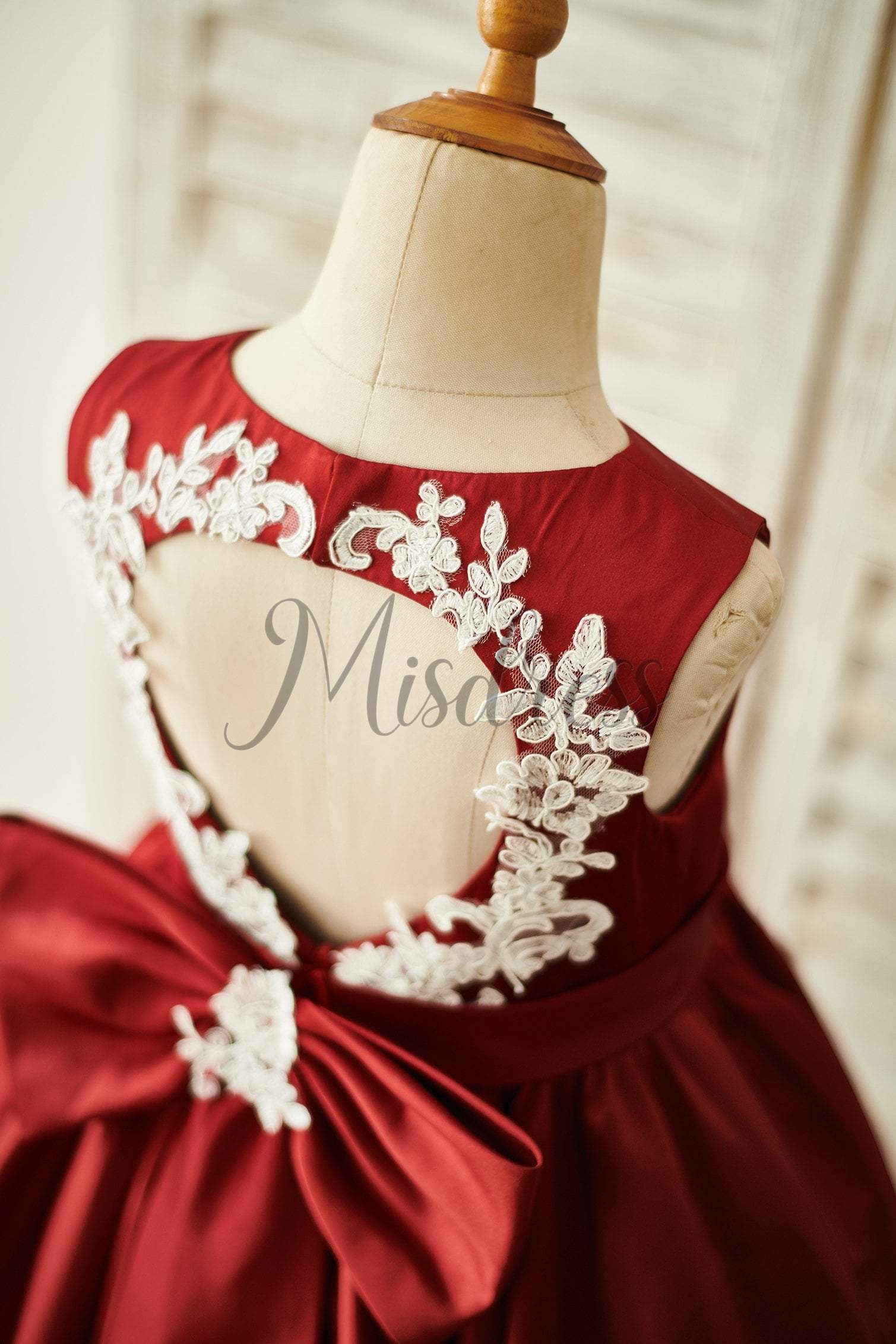 Burgundy Satin Ivory Lace Keyhole Back Wedding Flower Girl Dress - Flower Girl Dresses
