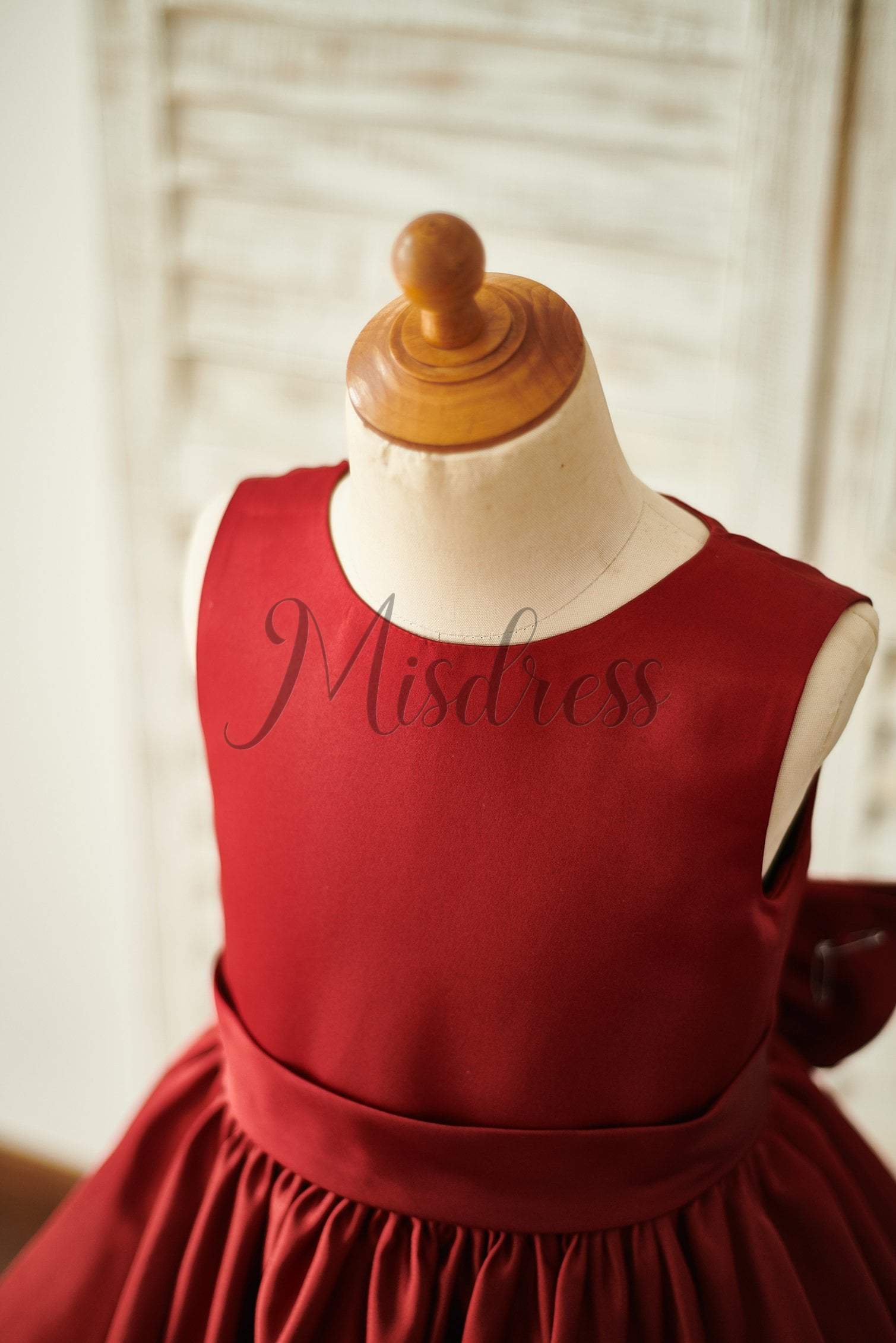 Burgundy Satin Ivory Lace Keyhole Back Wedding Flower Girl Dress - Flower Girl Dresses
