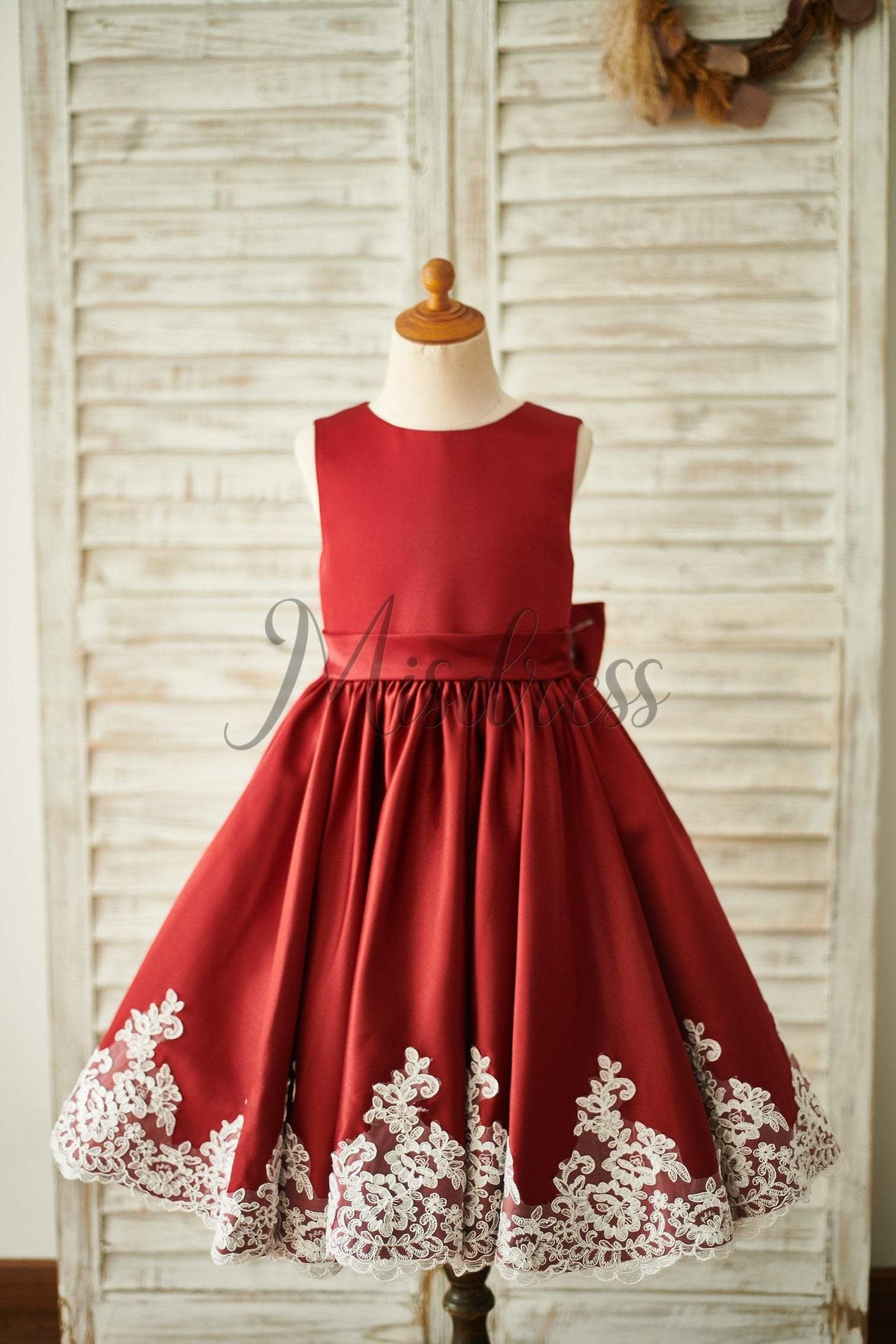 Burgundy Satin Ivory Lace Keyhole Back Wedding Flower Girl Dress - Flower Girl Dresses