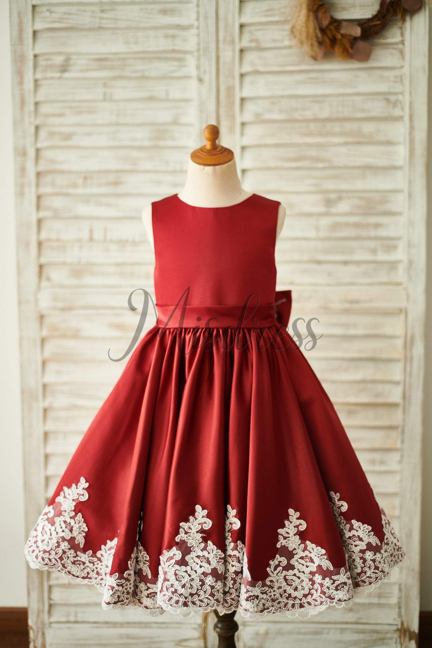 Burgundy Satin Ivory Lace Keyhole Back Wedding Flower Girl Dress - Flower Girl Dresses