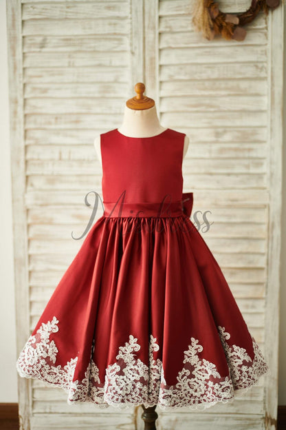Burgundy Satin Ivory Lace Keyhole Back Wedding Flower Girl Dress - Flower Girl Dresses