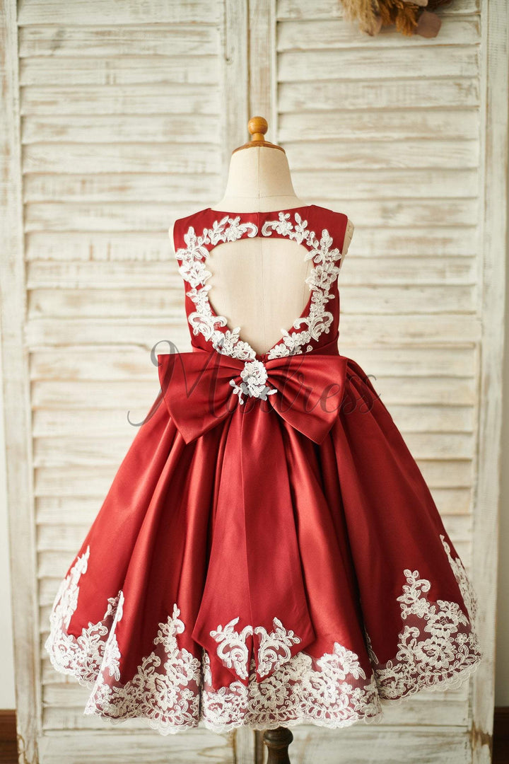 A-line Burgundy Satin Ivory Lace Keyhole Back Wedding Flower Girl Dres