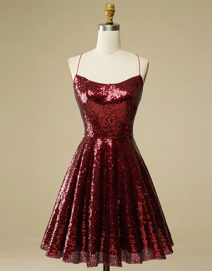 A-Line Burgundy Sequin Straps Backless Homecoming Wedding Party Dress US 22W / Burgundy