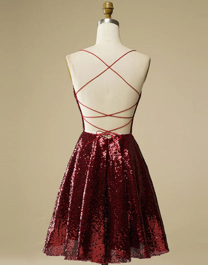 A-Line Burgundy Sequin Straps Backless Homecoming Wedding 