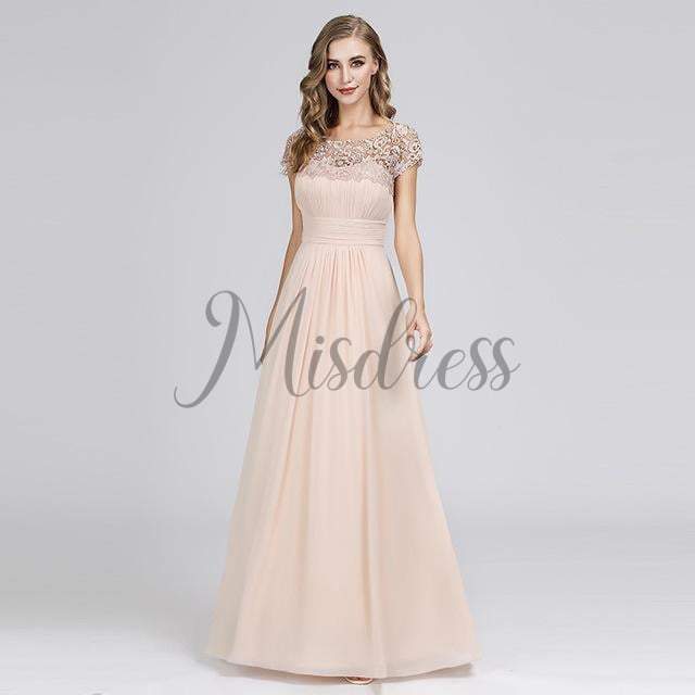 Cap Sleeves Keyhole Back Lace Chiffon Evening Prom Dress - 2 / Blush - Prom Dresses