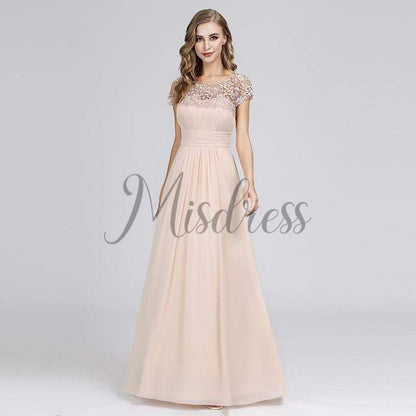 Cap Sleeves Keyhole Back Lace Chiffon Evening Prom Dress - 2 / Blush - Prom Dresses