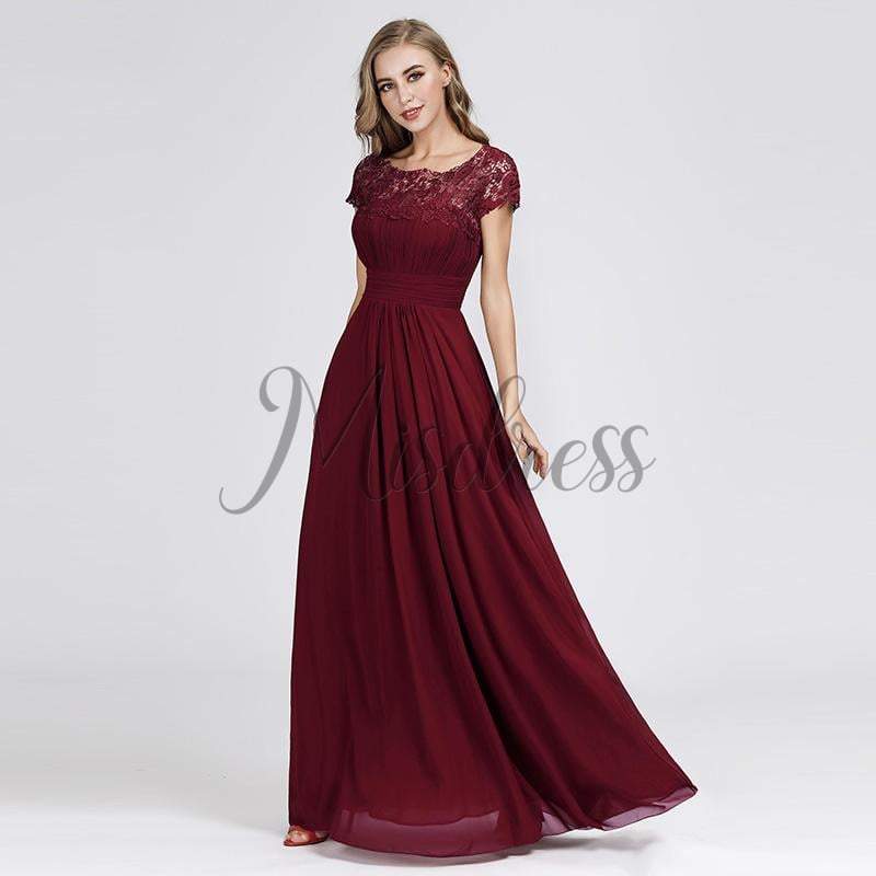 A-line Cap Sleeves Keyhole Back Lace Chiffon Evening Prom Party Dress 12 / Burgundy