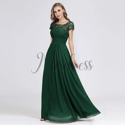 Cap Sleeves Keyhole Back Lace Chiffon Evening Prom Dress - 2 / Dark Green - Prom Dresses