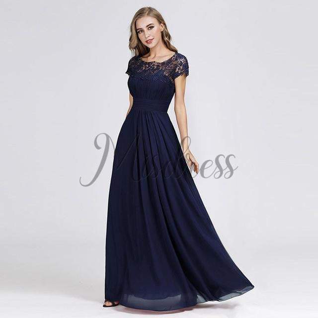 Cap Sleeves Keyhole Back Lace Chiffon Evening Prom Dress - 2 / Navy Blue - Prom Dresses