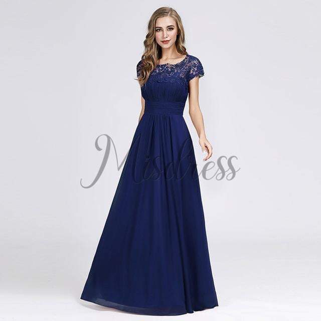 Cap Sleeves Keyhole Back Lace Chiffon Evening Prom Dress - 2 / Sapphire Blue - Prom Dresses