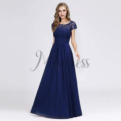 Cap Sleeves Keyhole Back Lace Chiffon Evening Prom Dress - 2 / Sapphire Blue - Prom Dresses