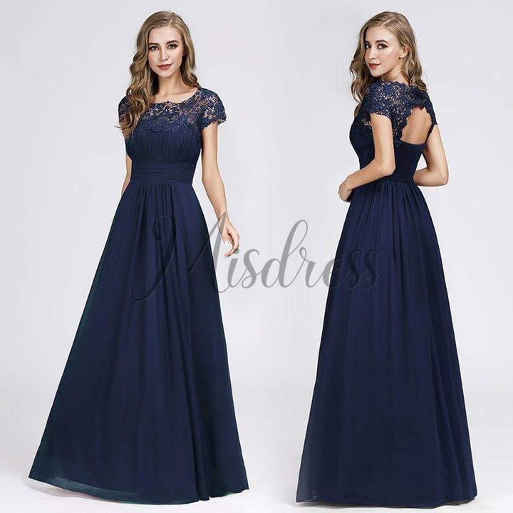 Cap Sleeves Keyhole Back Lace Chiffon Evening Prom Dress - Prom Dresses