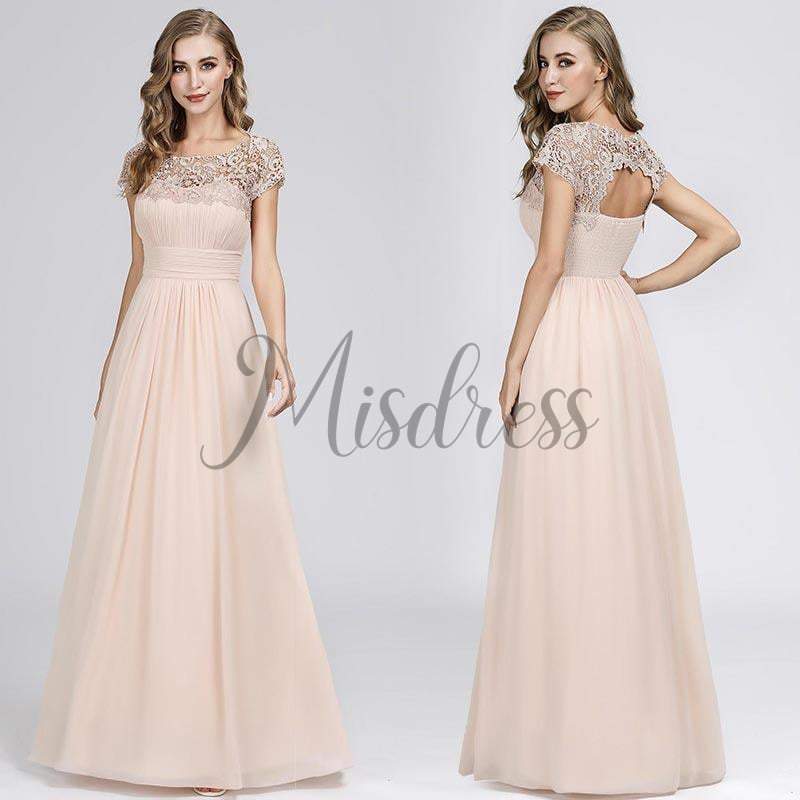 Cap Sleeves Keyhole Back Lace Chiffon Evening Prom Dress - Prom Dresses