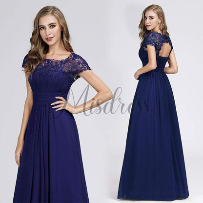 Cap Sleeves Keyhole Back Lace Chiffon Evening Prom Dress - Prom Dresses