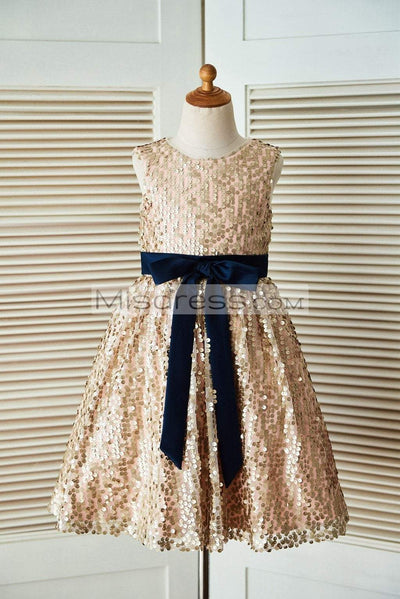 Champagne Gold Sequin Wedding Flower Girl Dress with Navy Blue Belt - Flower Girl Dresses