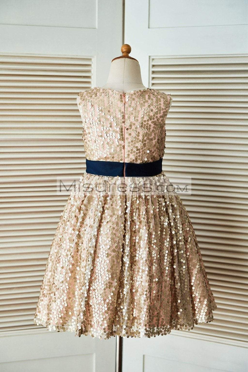 Champagne Gold Sequin Wedding Flower Girl Dress with Navy Blue Belt - Flower Girl Dresses
