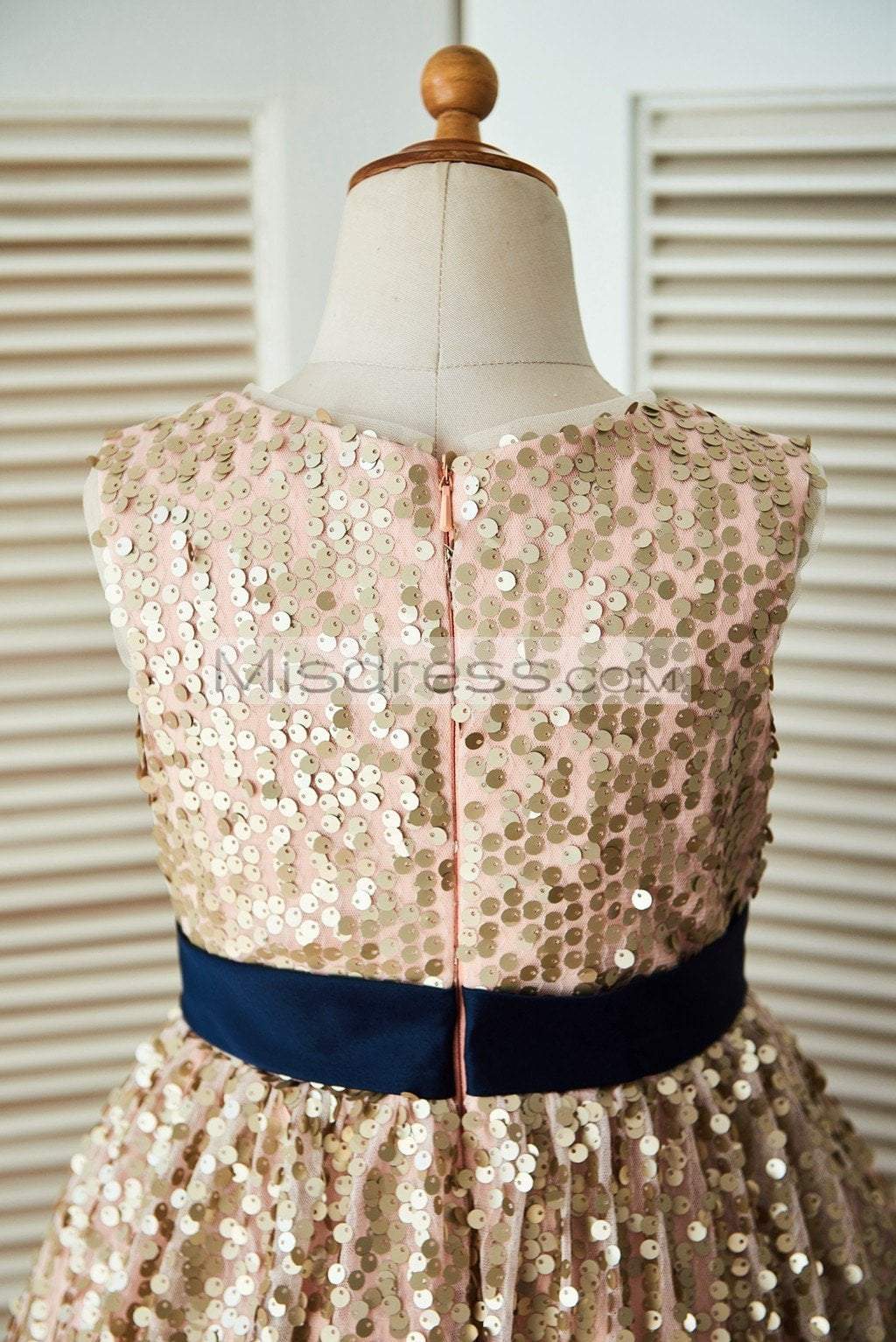 Champagne Gold Sequin Wedding Flower Girl Dress with Navy Blue Belt - Flower Girl Dresses