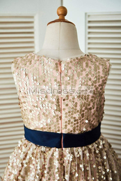 Champagne Gold Sequin Wedding Flower Girl Dress with Navy Blue Belt - Flower Girl Dresses