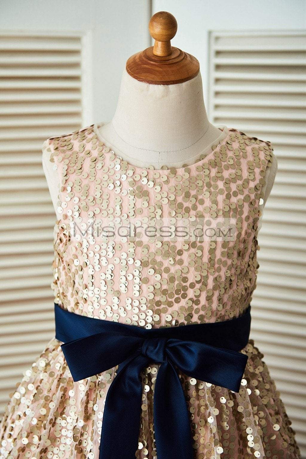 Champagne Gold Sequin Wedding Flower Girl Dress with Navy Blue Belt - Flower Girl Dresses