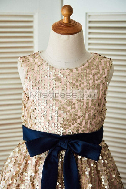 Champagne Gold Sequin Wedding Flower Girl Dress with Navy Blue Belt - Flower Girl Dresses