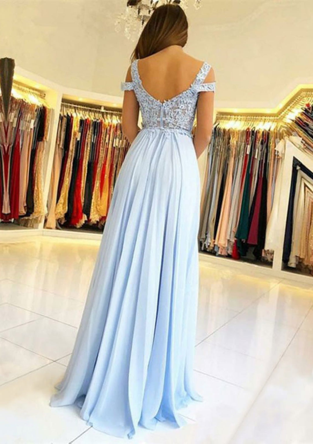 chinese dress ladies Long Chiffon Dress with Lace Applique Top by Poly USA 7454 Xs / Navy