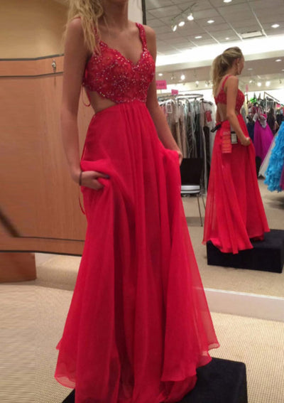 A-line Cut-out Back V Neck Sleeveless Long Chiffon Prom 